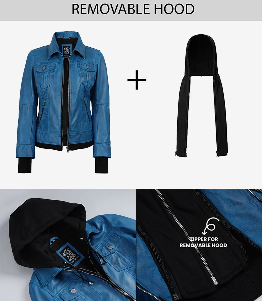 Women's Vivid Blue Lambskin Jacket - Detachable Hood with Thumbholes
