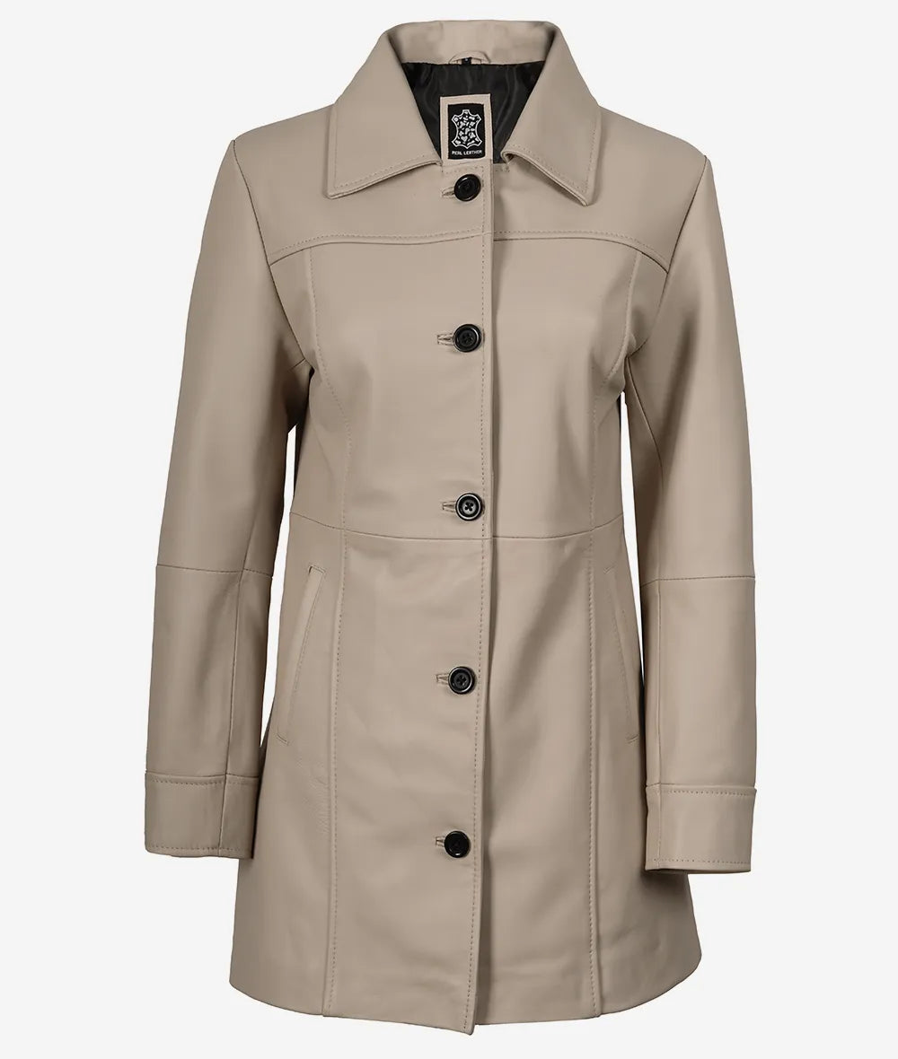Women's Biege Real Leather Car Coat