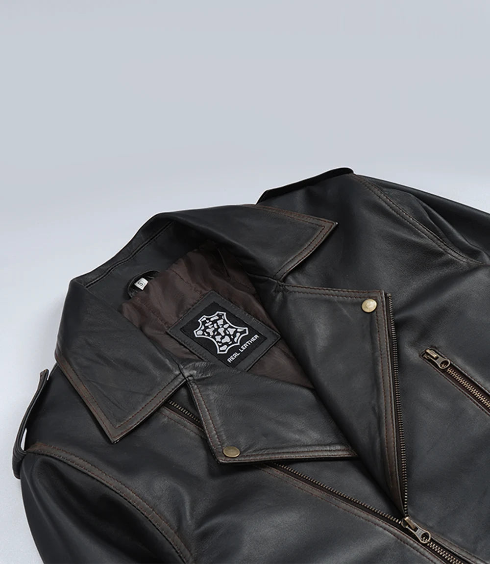 Men's Dark Brown Vintage Asymmetrical Leather Biker Jacket