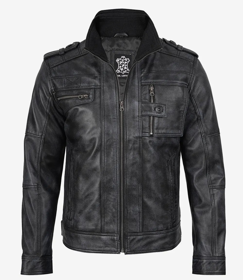 Men's Distressed Black Leather Biker Fashion Jacket