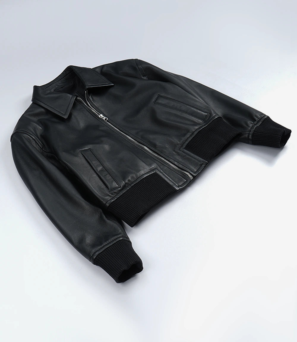 Women's Black Drop Shoulder Cropped Bomber Jacket — Shirt Collar Style