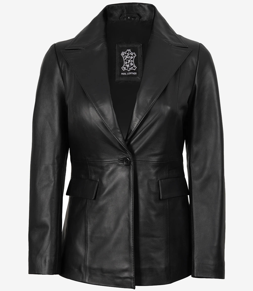 Women's Single Button Black Real Leather Blazer