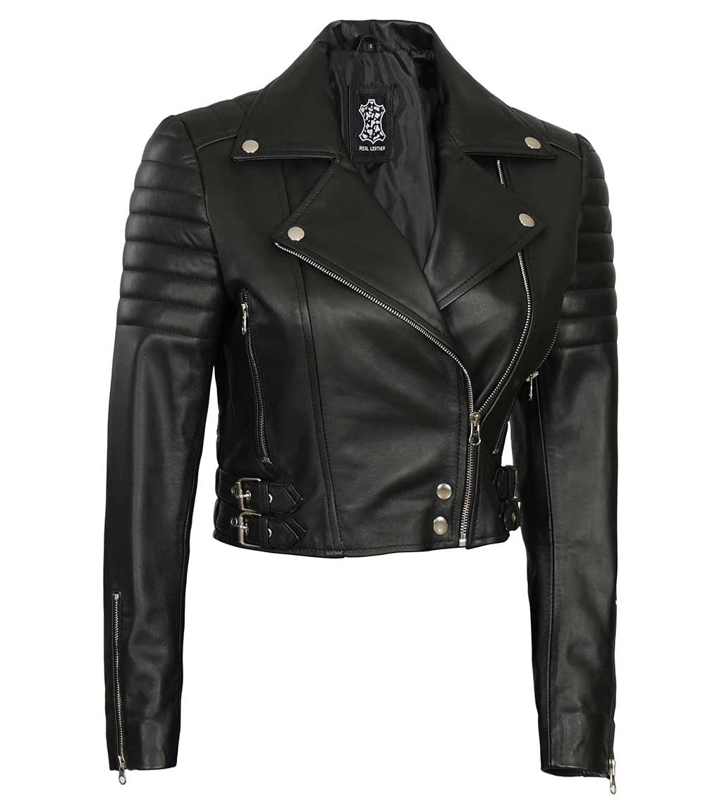 Women's Asymmetrical Black Cropped Leather Moto Jacket