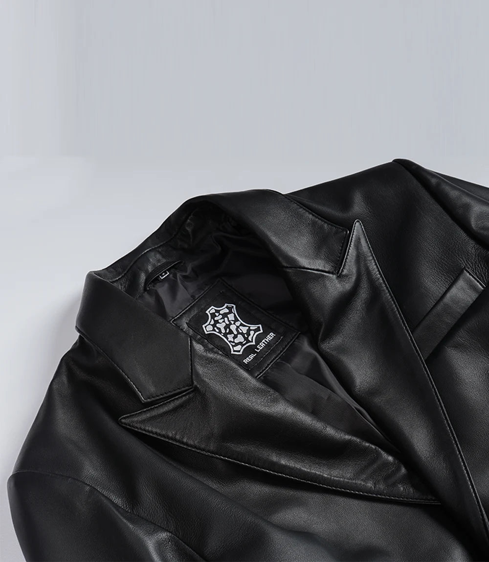 Men's Black Real Lambskin Leather Blazer – Peak Lapel Tailored Fit