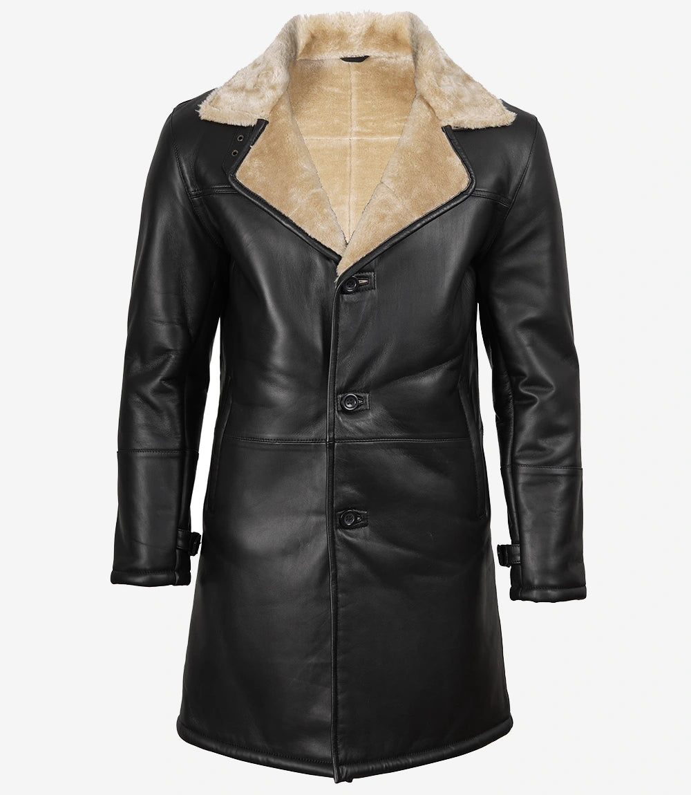 Men Black Leather Shearling Coat with Beige Faux Shearling