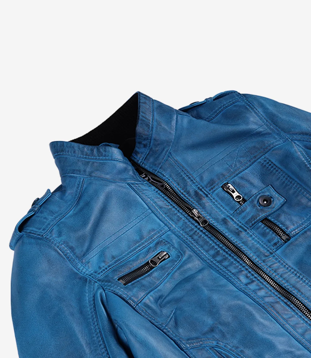 Women's Wax Blue Leather Biker Jacket