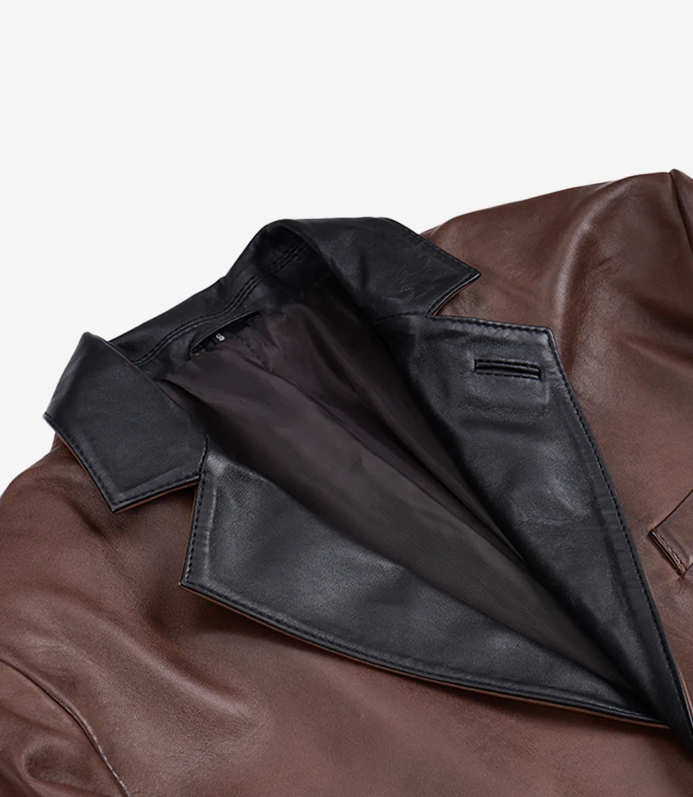 Men's Cognac Wax Three Button Real Leather Blazer — Black Lapel