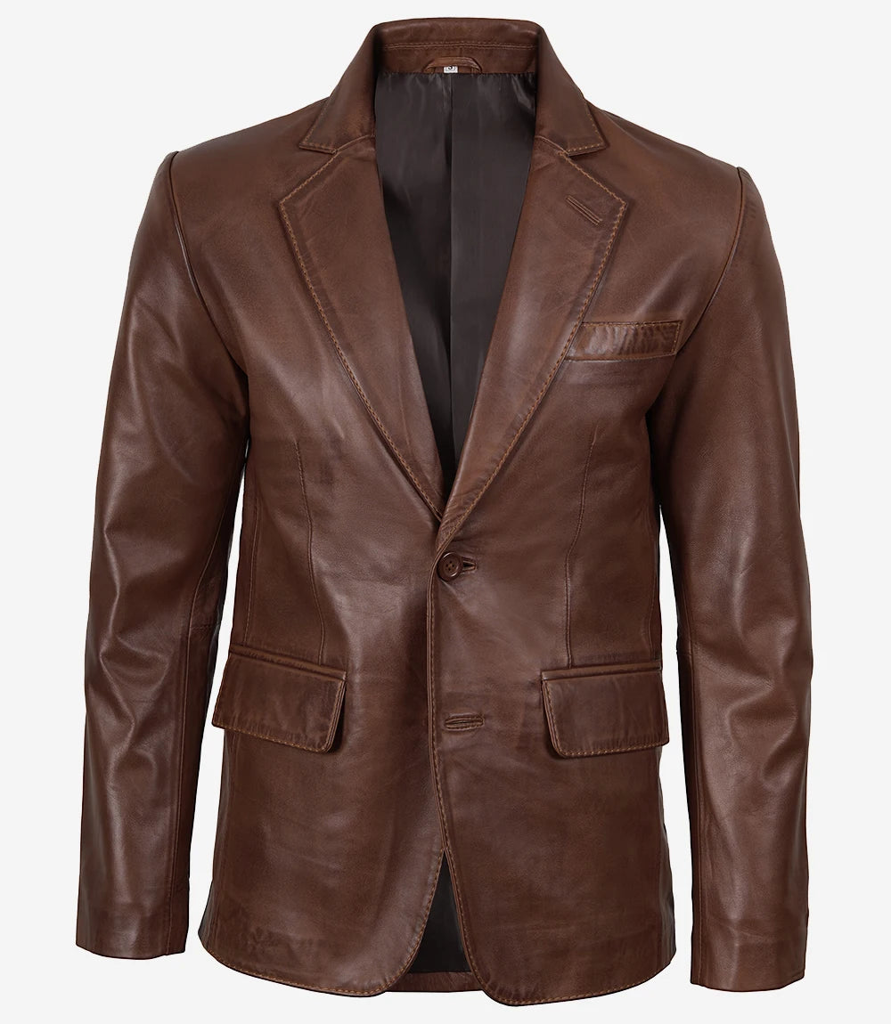 Cognac Waxed Two Button Mens Leather Blazer