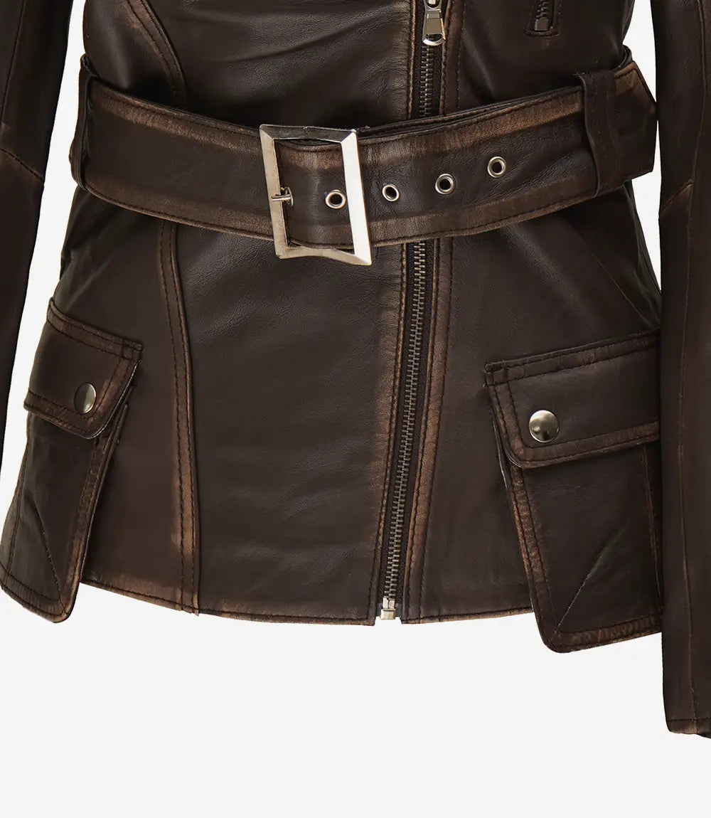 Women's Asymmetrical Rub-off Brown Belted Biker Jacket