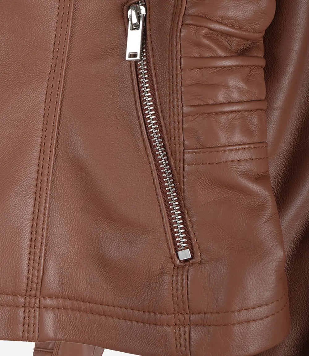 Women's Cognac Brown Leather Jacket With Removable Hood