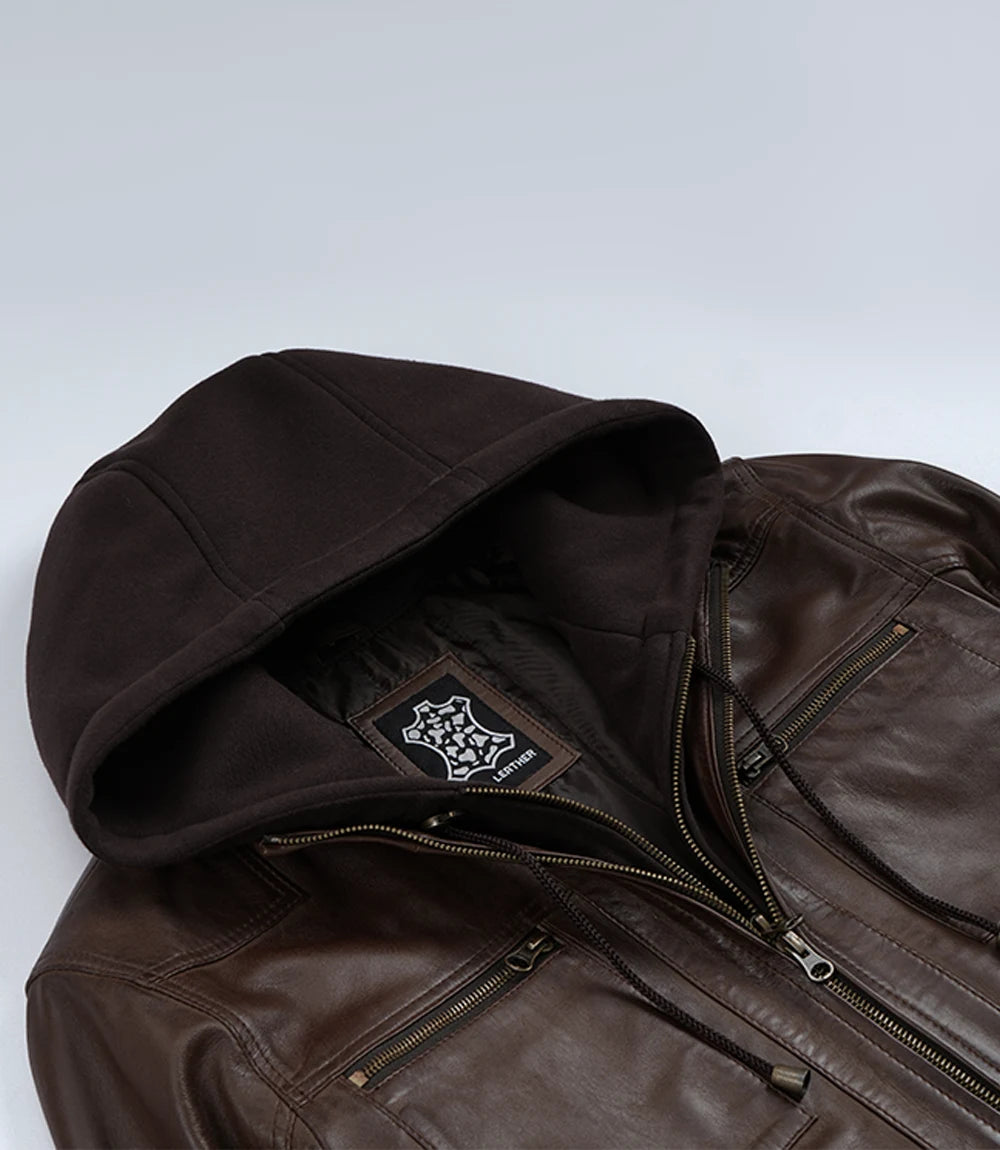 Men's Dark Brown Bomber Real Leather Jacket With Removable Hood