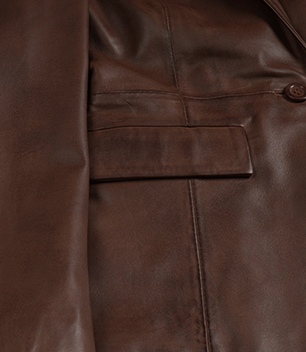 Women's Single Button Lambskin Leather Blazer – Brown Cognac Wax