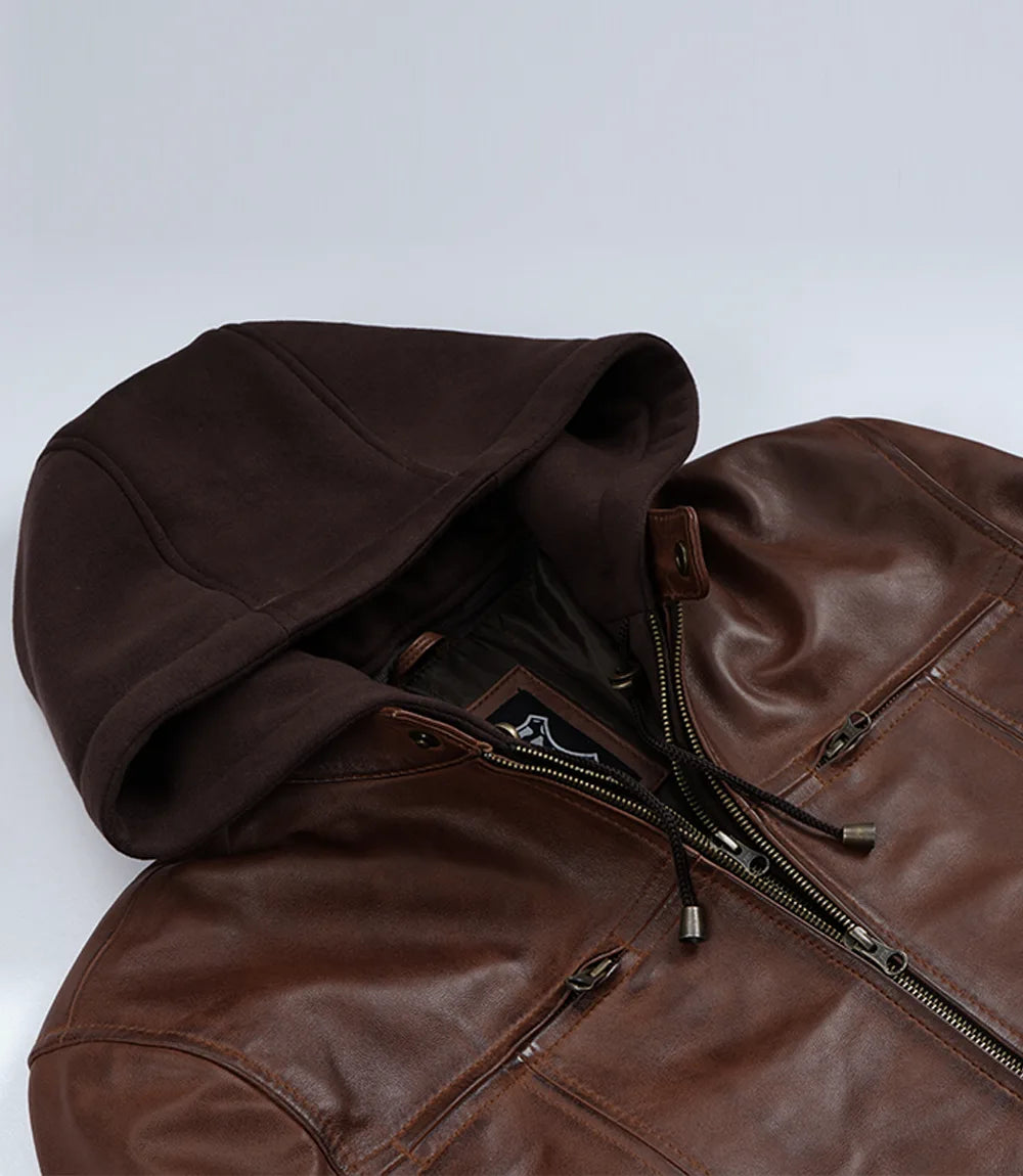 Men's Cognac Wax Lambskin Leather Jacket with Removable Hood