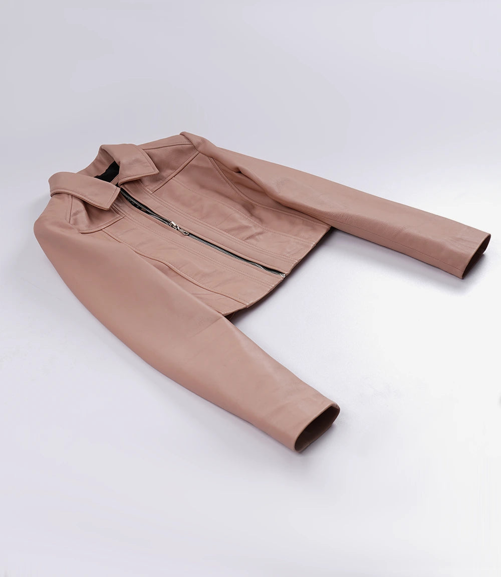Women's Pink Cropped Leather Harrington Jacket