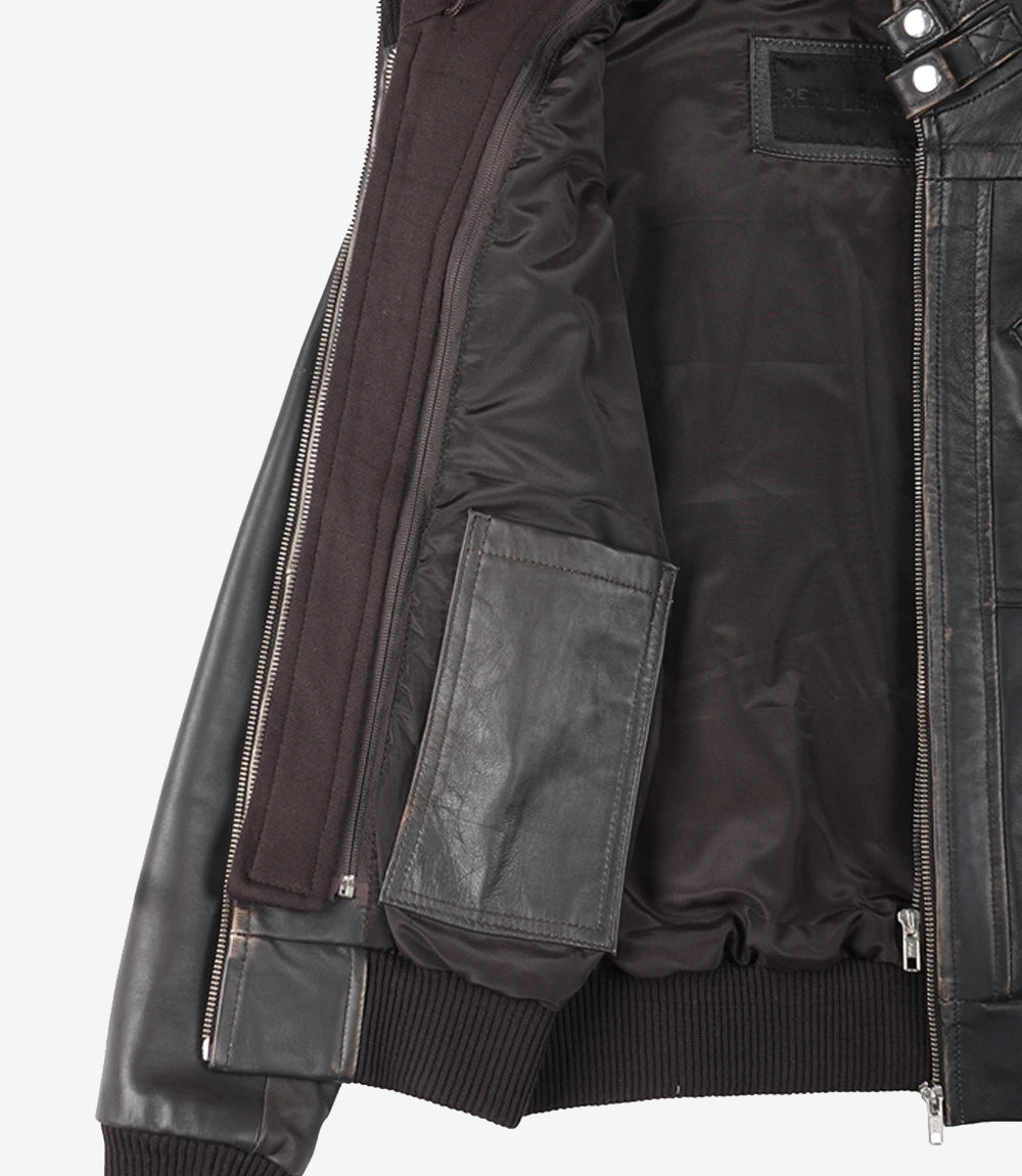 Women's Dark Brown Rub Off Leather Jacket with Removable Hood
