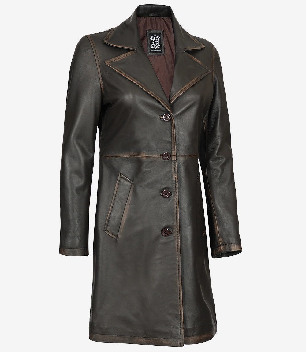 Women's Rub Off Dark Brown Leather Coat