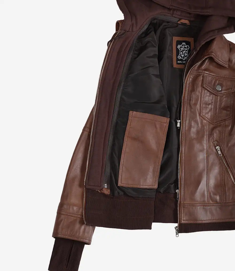 Brown Wax Women's Bomber Leather Jacket — Removable Hood