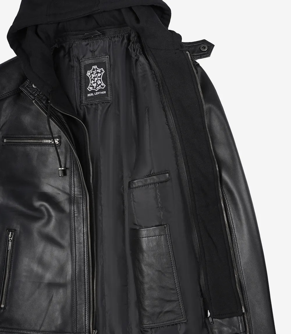 Men Black Leather Racer Jacket with Removable Hoodie