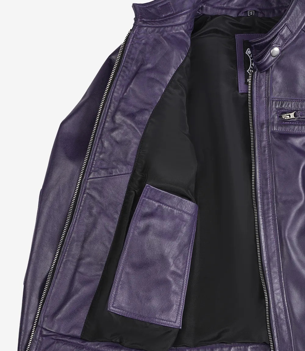 Women Purple Quilted Leather Cafe Racer Jacket