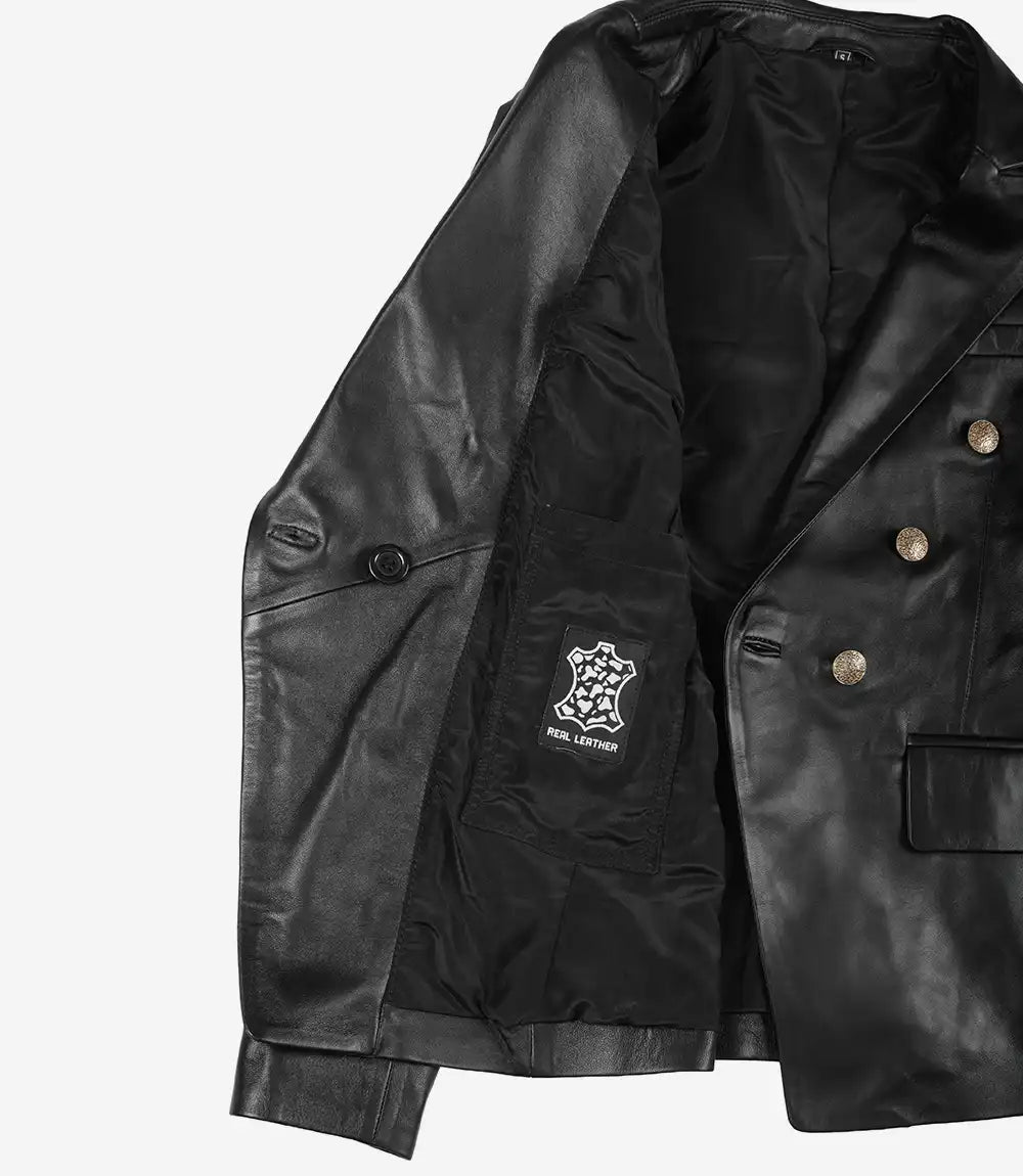 Women Black Double Breasted Leather Blazer