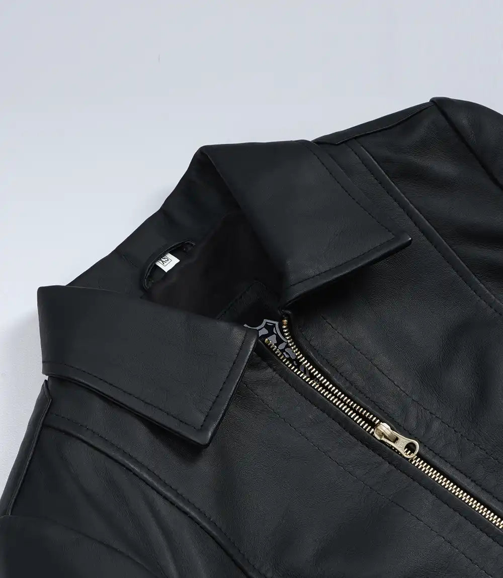 Women's Black Harrington Leather Jacket – Golden Accents