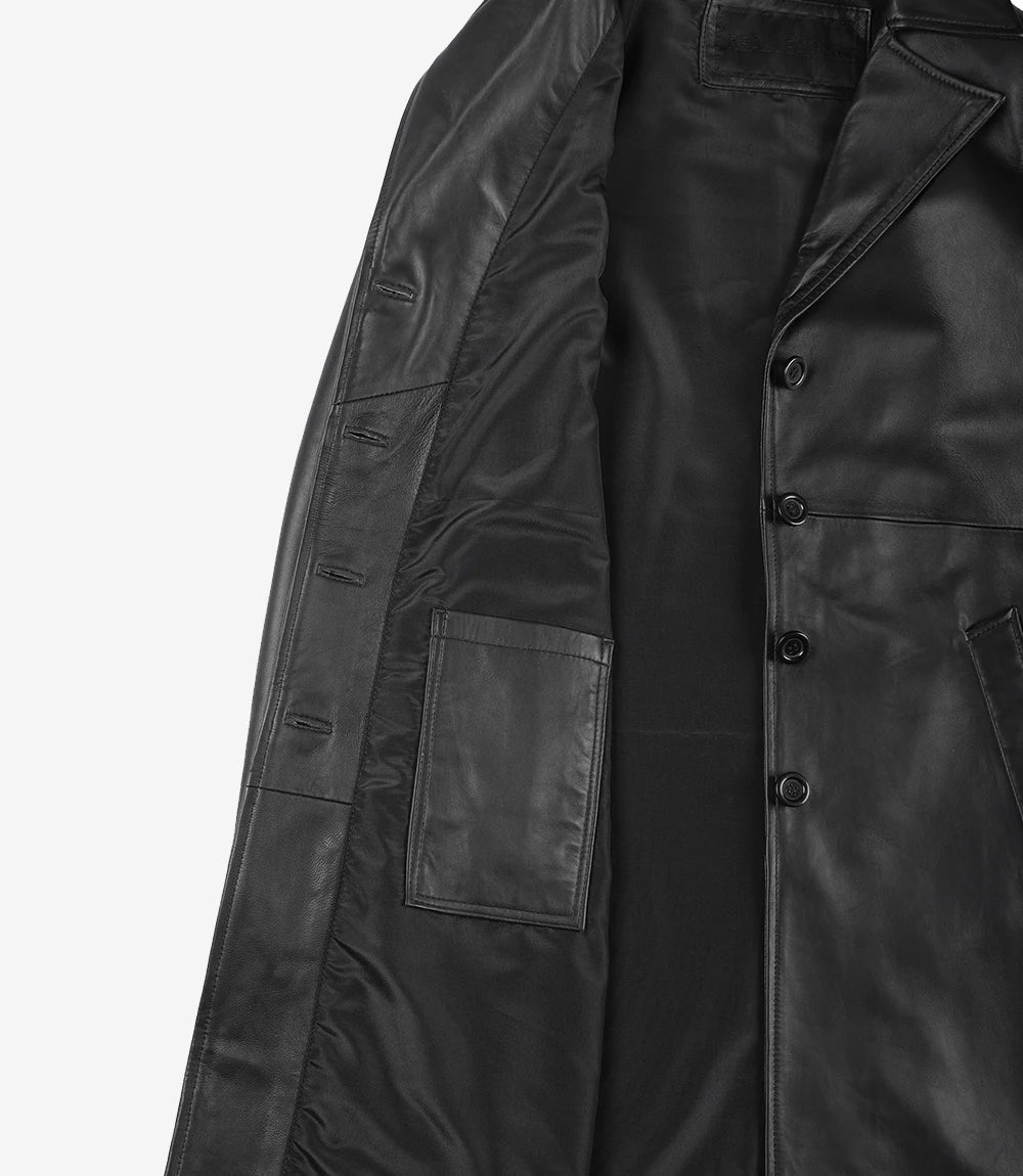 Women Black Real Leather Coat — Buttoned Down Coat