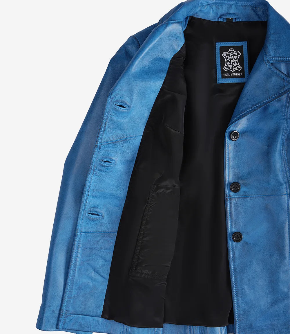 Women's Blue Leather 3/4 Length Car Coat — Waxed