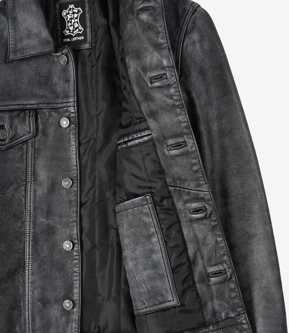 Men’s Black Real Leather Trucker Jacket | Washed Distressed Leather