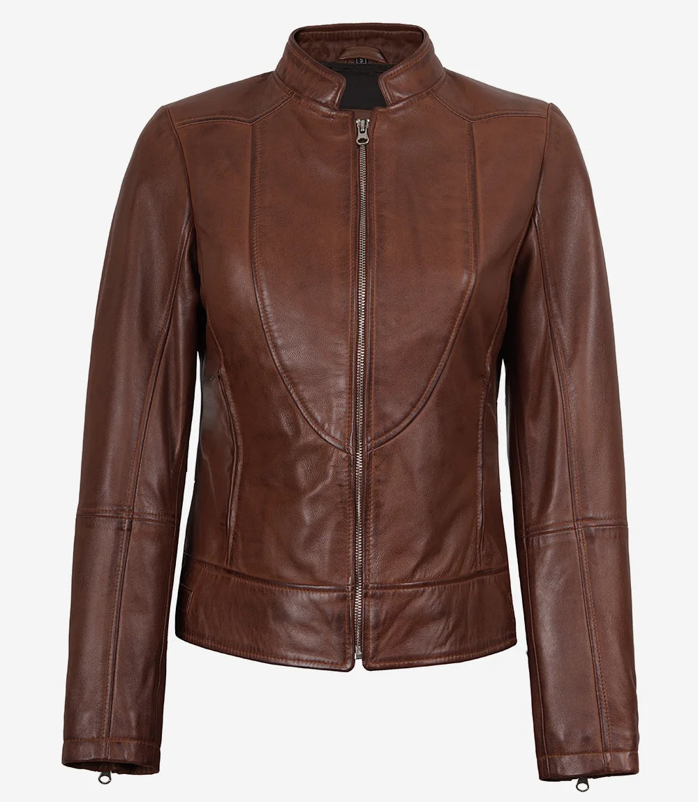 Women's Vintage Cafe Racer Cognac Brown Leather Jacket