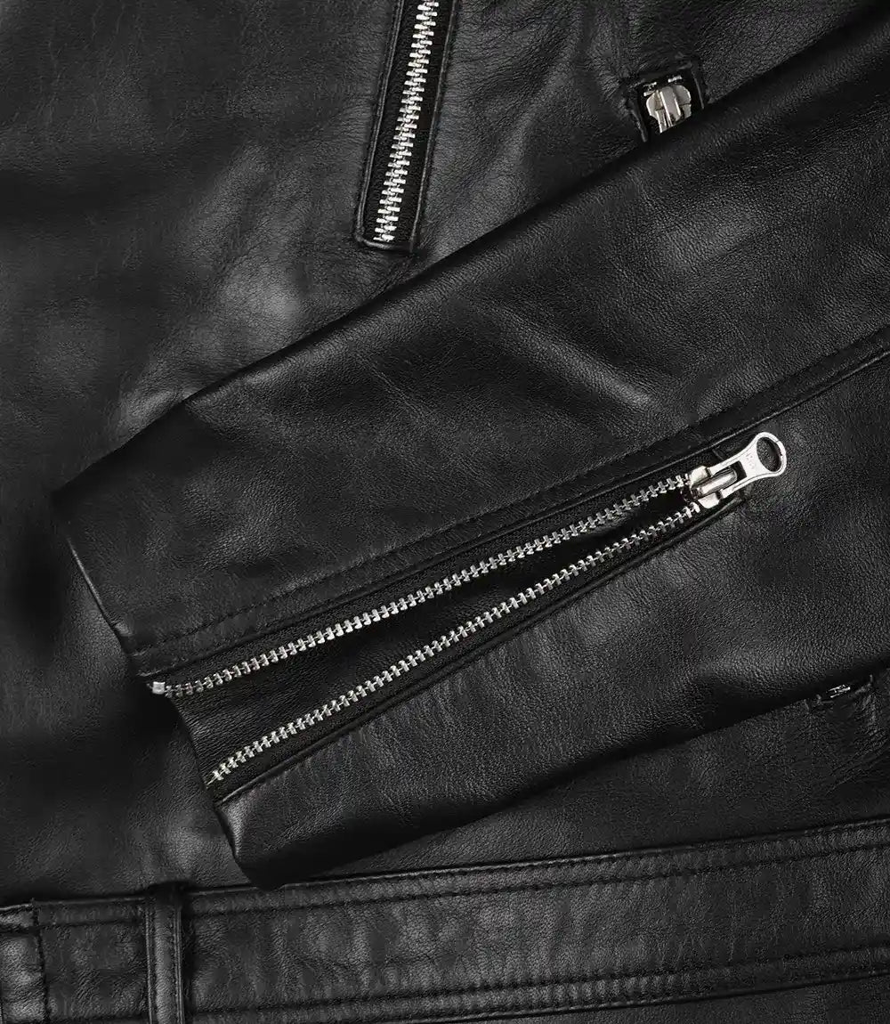 Men's Black Belted Biker Leather Jacket