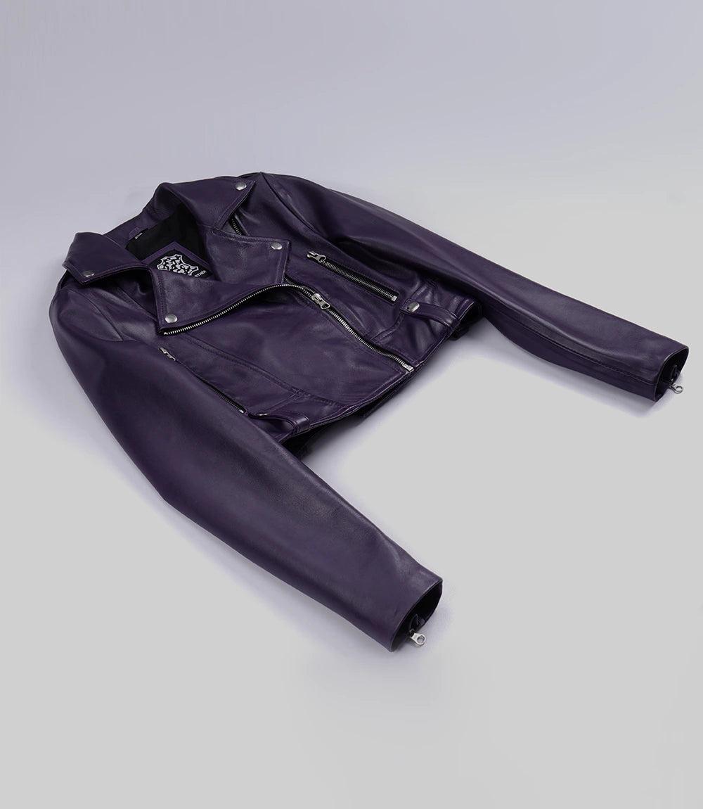 Women's Cropped Purple Biker Style Real Leather Jacket