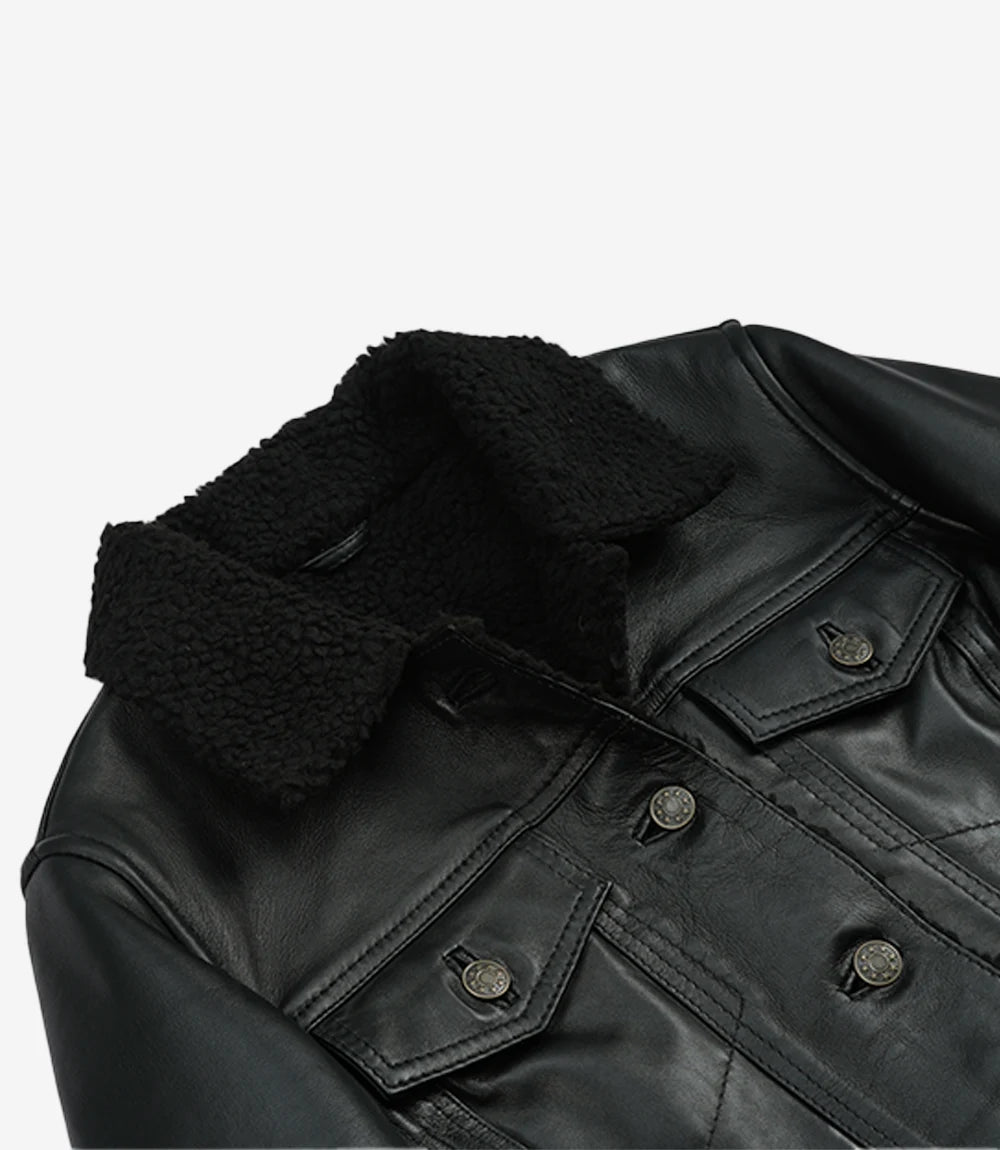 Women's Black Real Leather Trucker Jacket with Faux Sherpa Lining