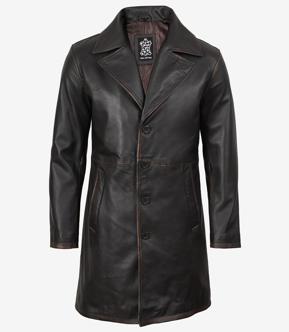 Men's Real Leather 3/4 Length Dark Brown Car Coat