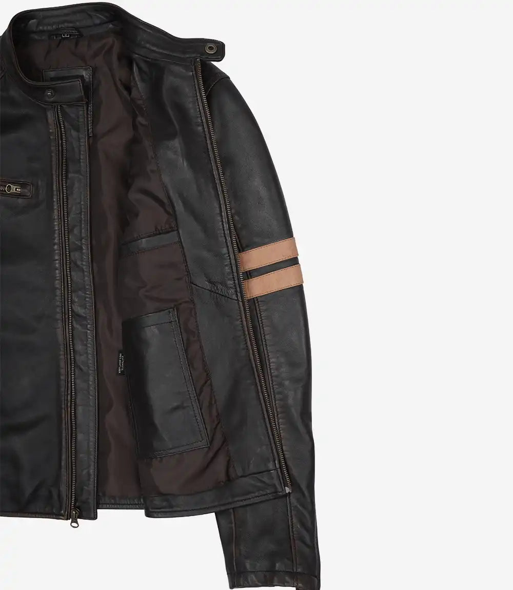 Men's Dark Brown Vintage Leather Biker Jacket with Racing Stripes