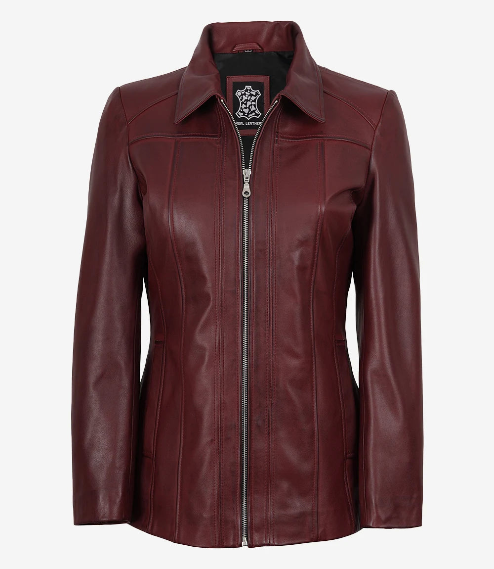 Women's Burgundy Real Leather Car Coat