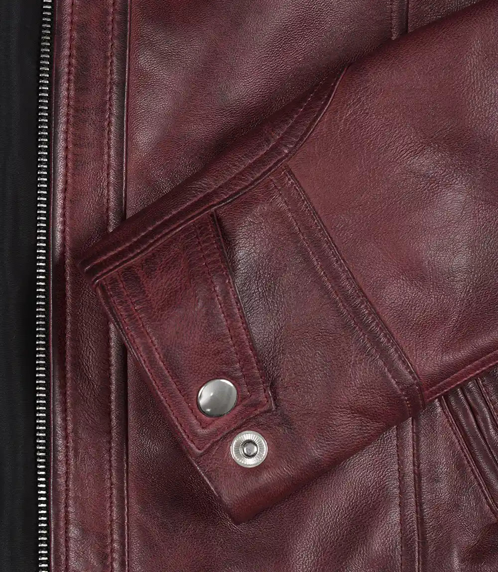 Women's Burgundy Quilted Cafe Racer Leather Jacket