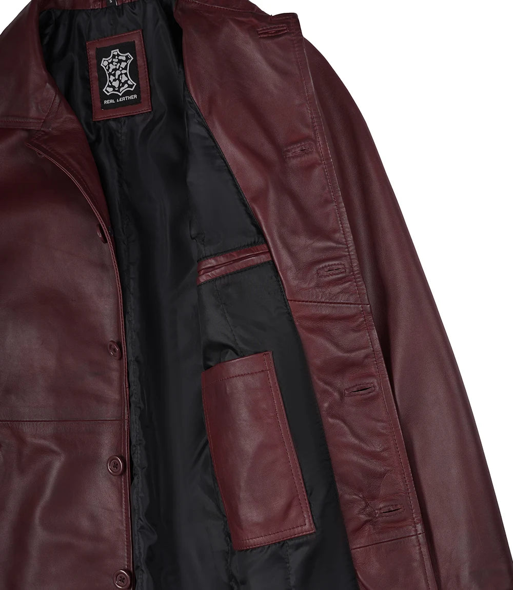 Men's Burgundy Real Lambskin Leather Car Coat