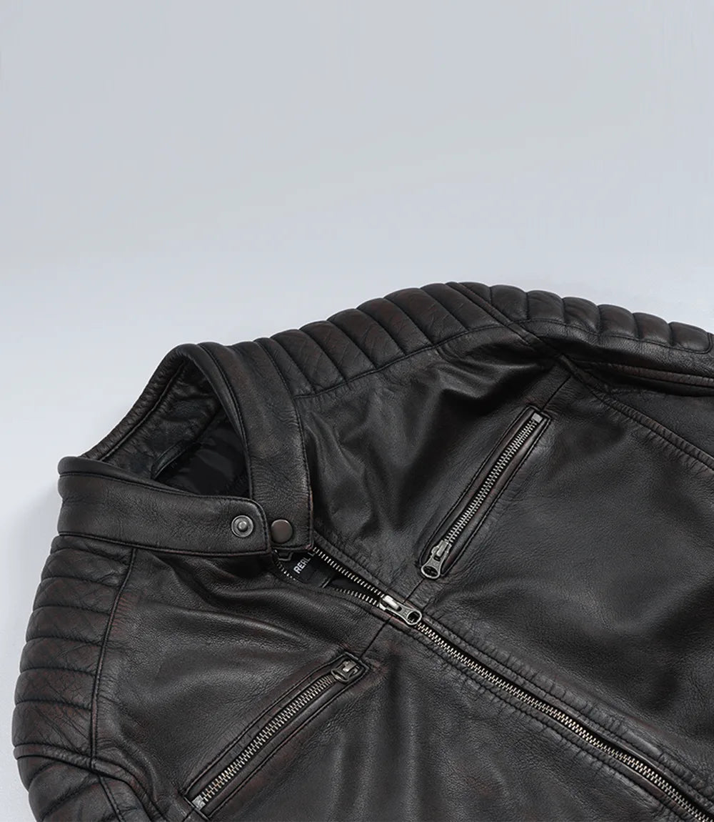 Men's Maroon Distressed Black Washed Biker Leather Jacket