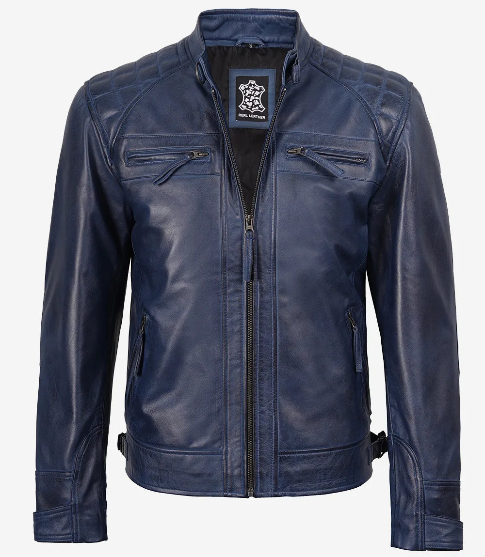 Men's Leather Blue Cafe Racer Biker Fashion Jacket