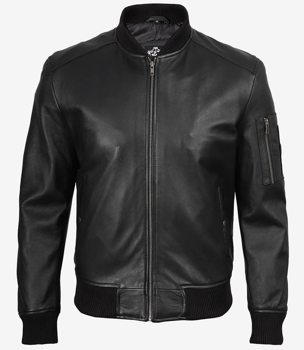 Men's Black Real Lambskin Leather Bomber Jacket