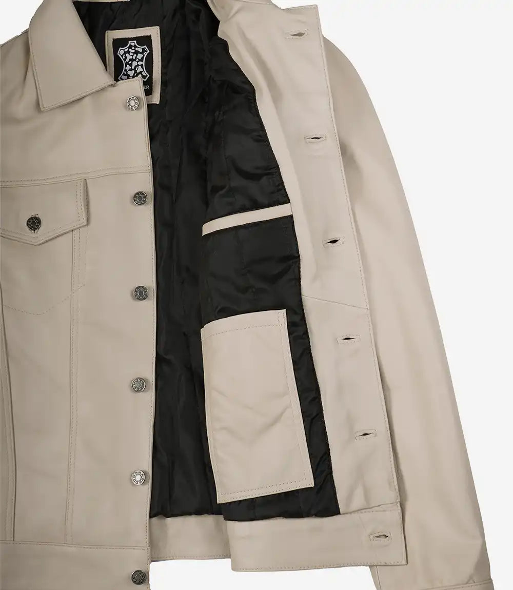 Arya Men's Beige Real Trucker Leather Jacket