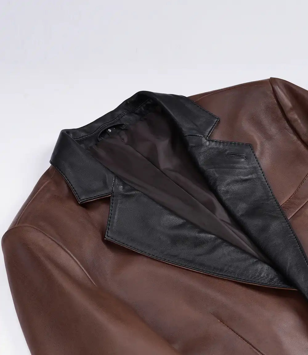 Men's Cognac Wax Lambskin Leather Blazer — Dark Brown Lapel
