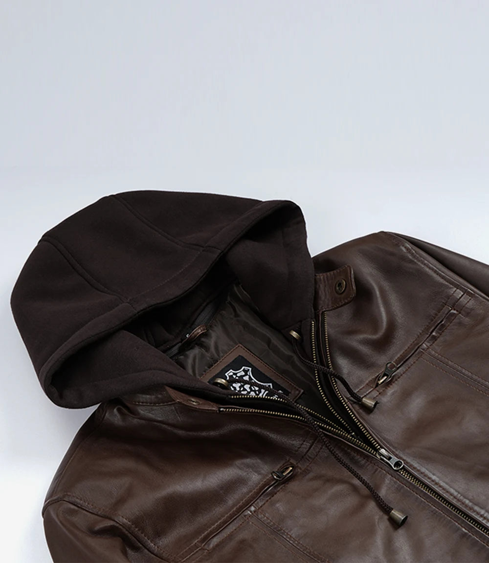 Men's Dark Brown Lambskin Leather Jacket with Removable Hood