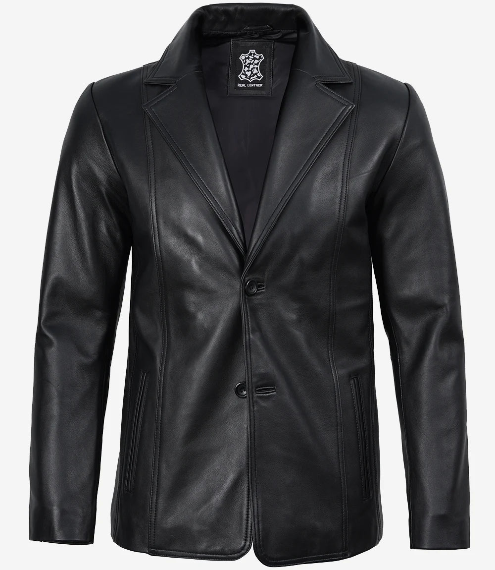 Men's Two Button Black Leather Blazer