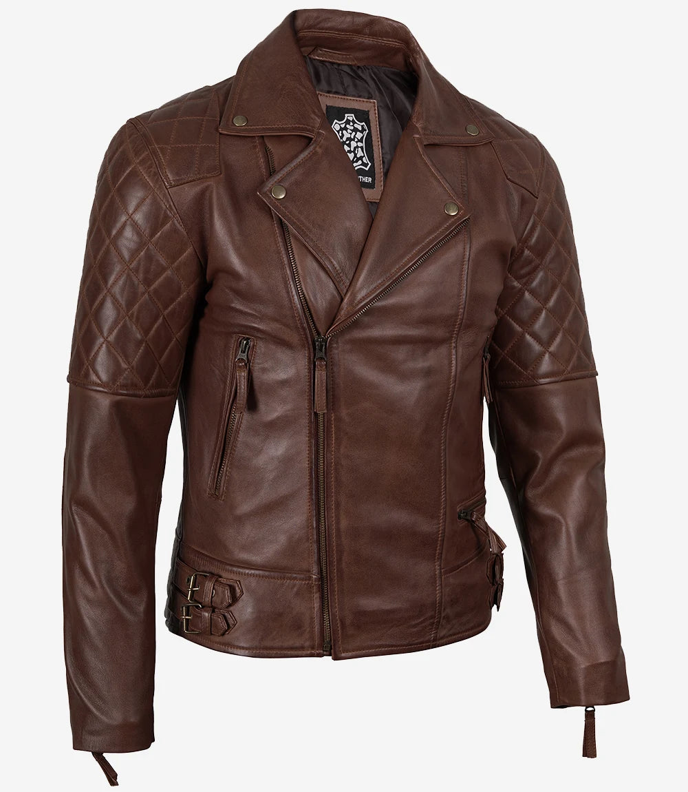 Men's Quilted Asymmetrical Cognac Leather Biker Fashion Jacket