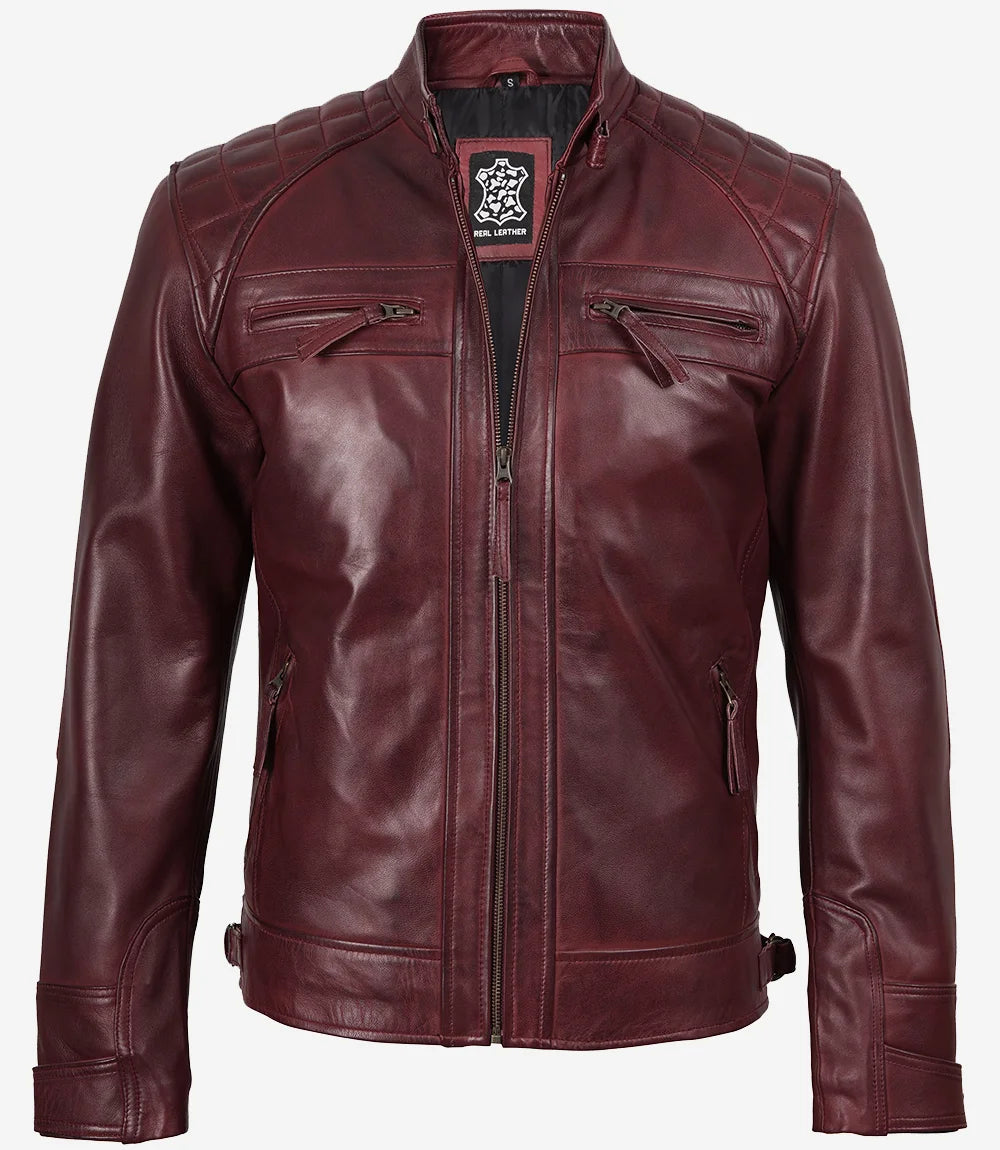 Men’s Burgundy Quilted Leather Biker Style Jacket — Waxed
