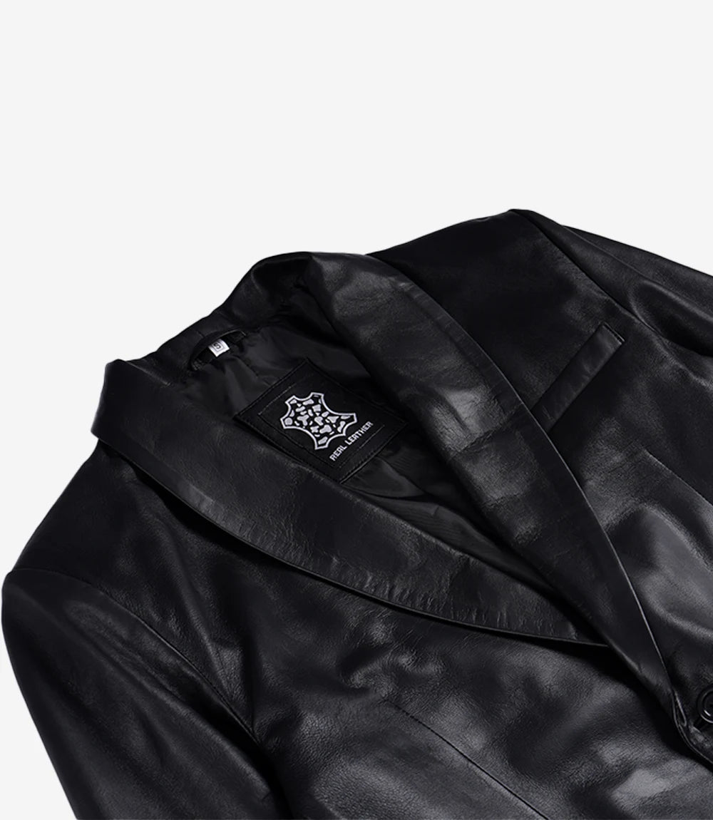 Men's Black Lambskin Leather Blazer Shawl Lapel - Single Button