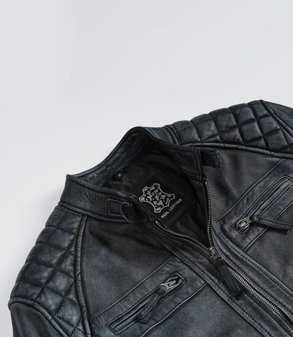 Arya Men's Black Distressed Washed Leather Biker Jacket