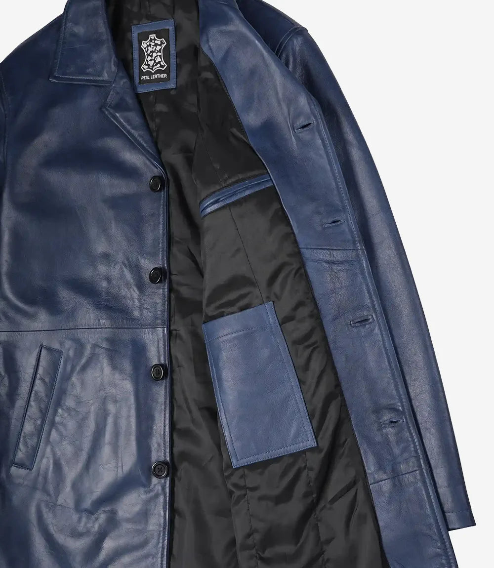 Men's Blue Waxed Leather 3/4 Car Coat