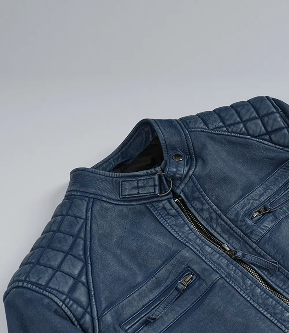 Arya Men's Blue Distressed Washed Leather Moto Jacket